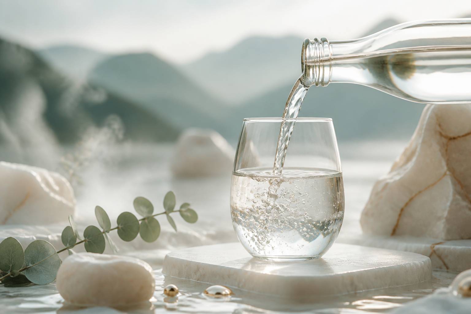 Verre d'eau claire rempli depuis une bouteille en verre