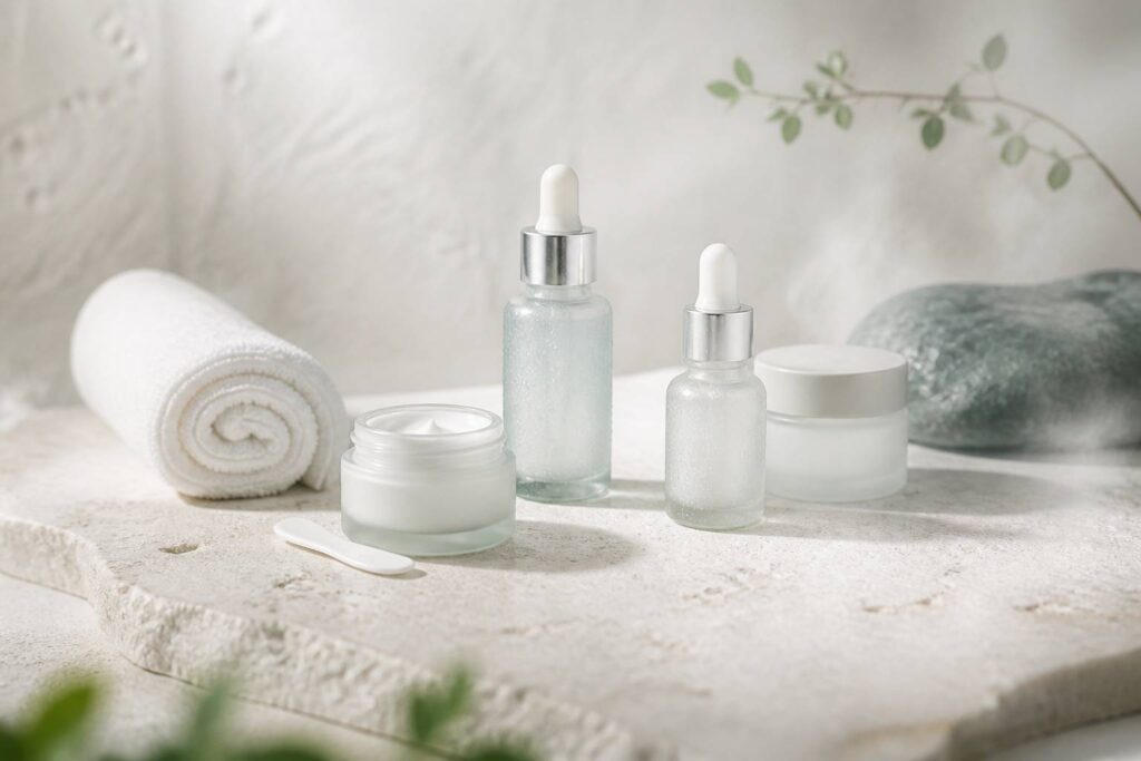 Routine de soins coréenne avec flacons de sérum et crème sur un plateau en pierre