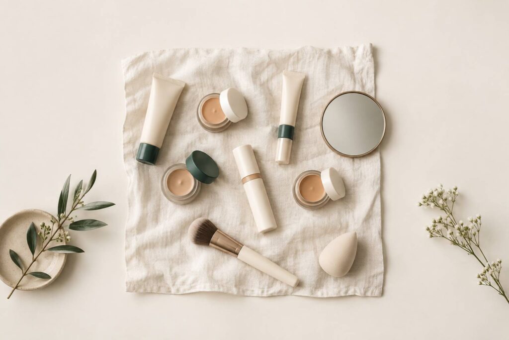 Tubes et pots de correcteur neutres sans etiquette poses sur un tissu ivoire
