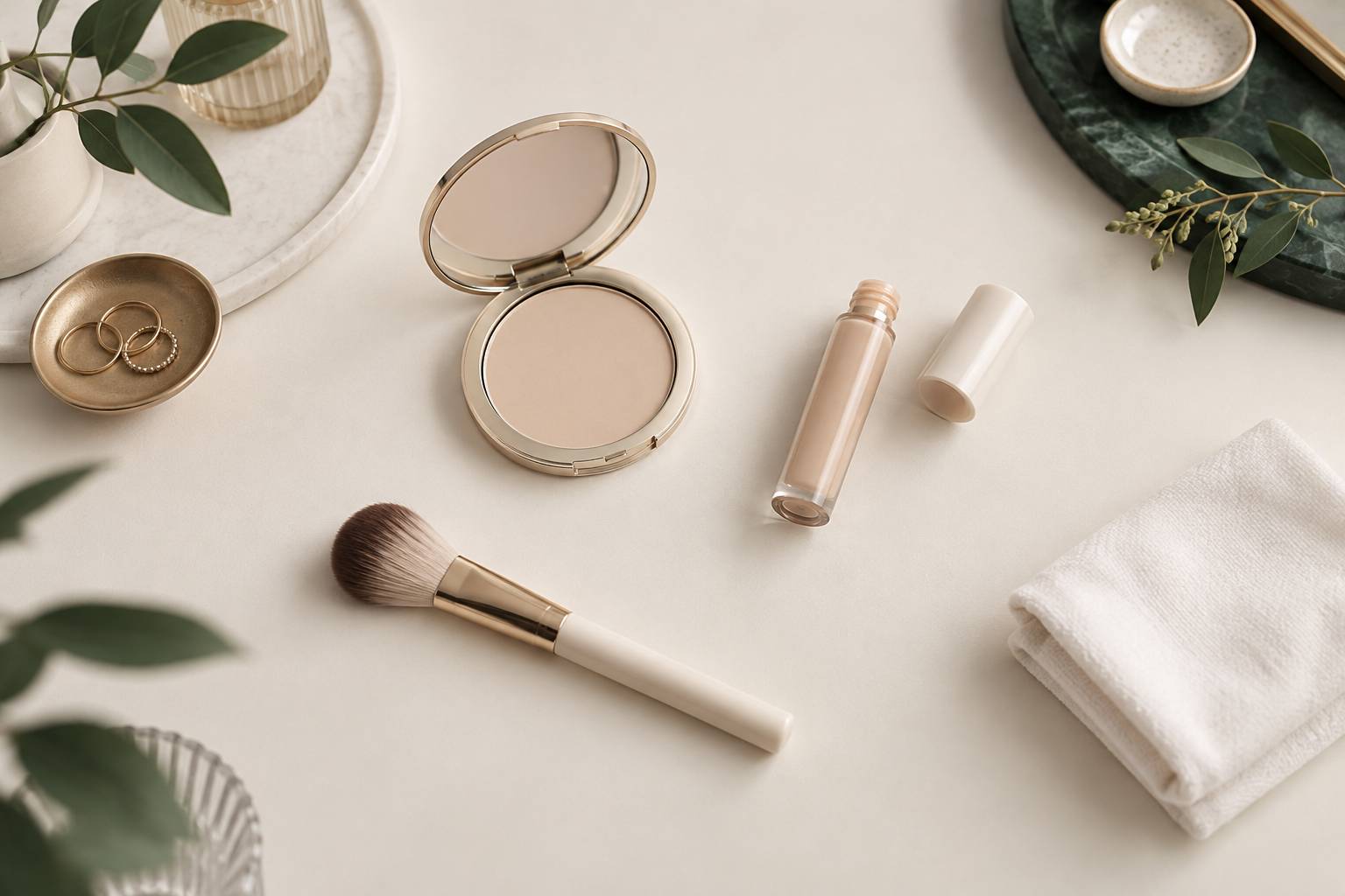 Coin de coiffeuse avec poudrier ouvert et pinceau de maquillage propre