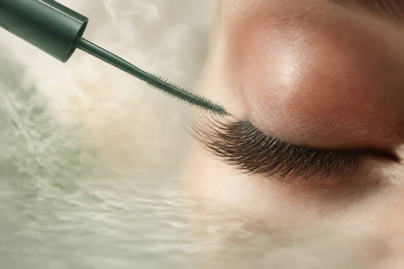Brosse applicatrice fine déposant du sérum sur une frange de cils en gros plan