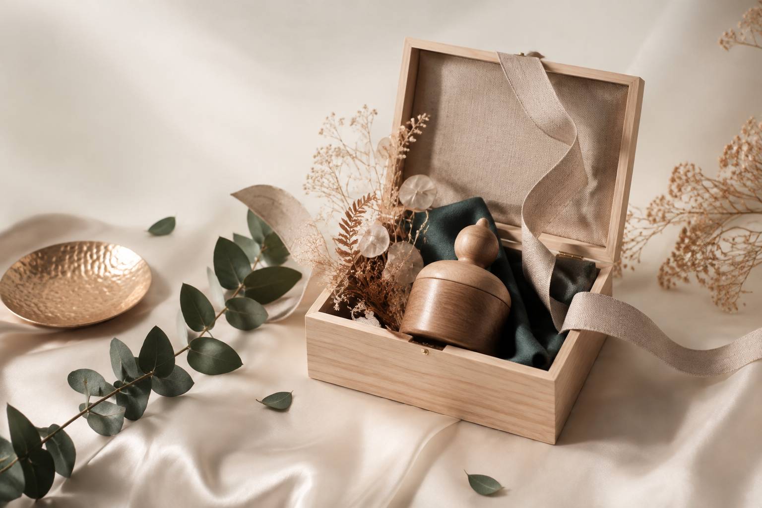 Coffret en bois et ruban de lin en nature morte raffinée, idée cadeau pour cinq ans de mariage