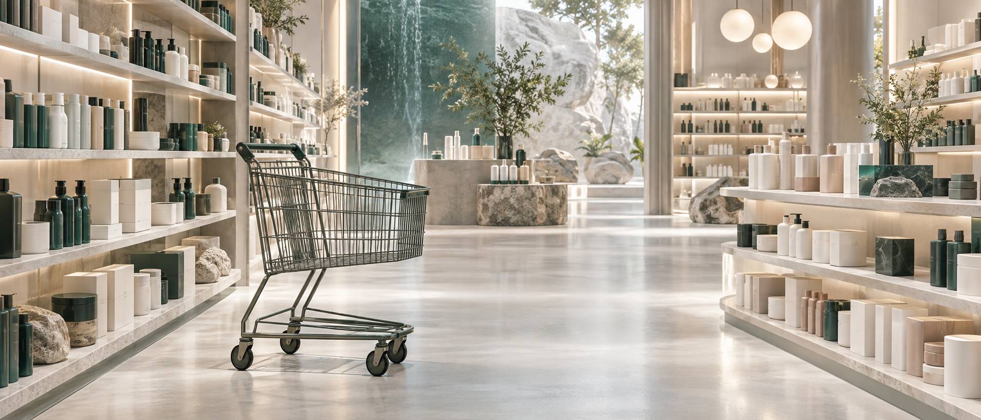 Allée de supermarché anonyme avec chariot de courses et rayons garnis