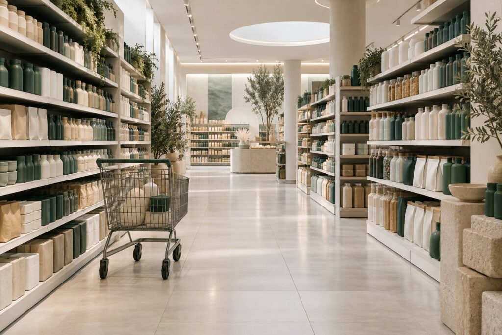 Allée de supermarché anonyme avec chariot de courses et rayons garnis