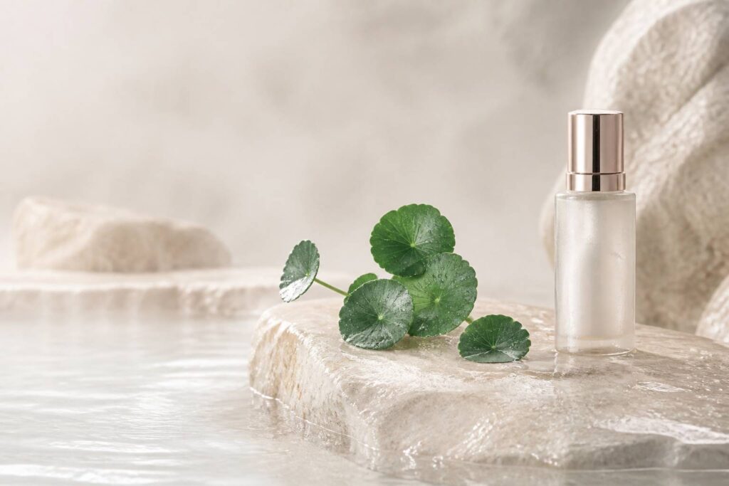 Feuilles fraîches de centella asiatica posées sur une pierre claire avec gouttes d'eau
