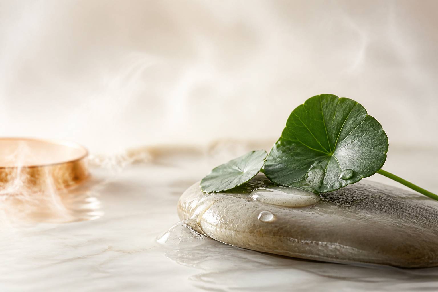 Feuilles de centella asiatica avec gouttes de sérum translucide sur une pierre