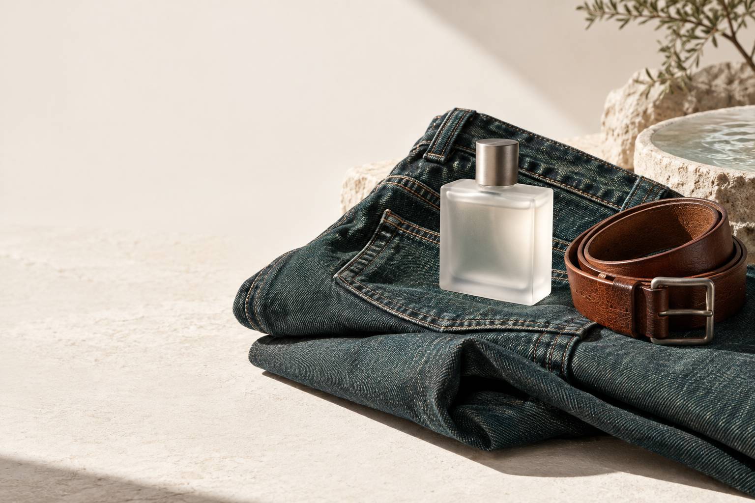 Détail d'un denim brut avec un flacon de parfum neutre posé dessus