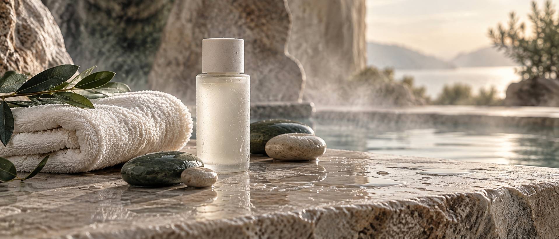 Détail de serviettes, pierres de massage et flacon de soin au spa