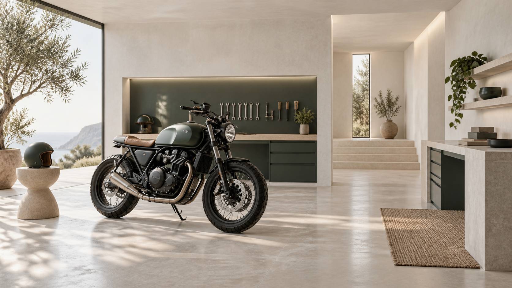 Moto légère moderne stationnée dans une rue urbaine lumineuse