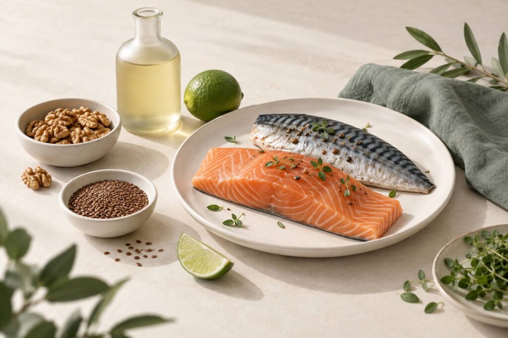 Filets de poisson et bols de graines de lin sur une table claire avec flacon d'huile