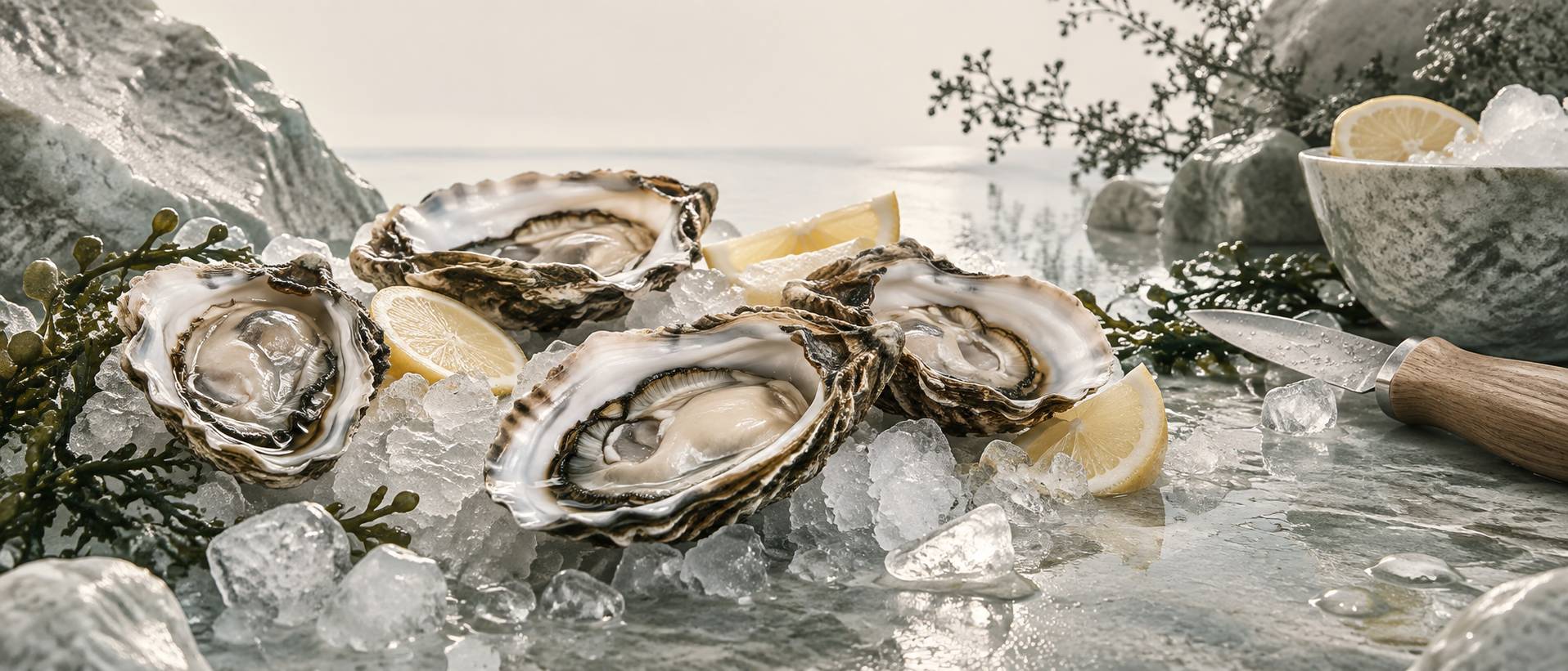 Huîtres ouvertes sur un lit de glace avec couteau à huîtres et citron