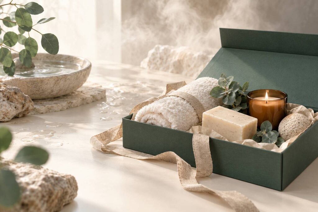 Coffret cadeau bien-etre avec savon, bougie et serviette sur fond ivoire