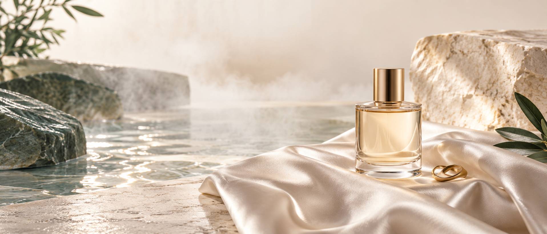 Flacon de parfum neutre et bijou discret sur un tissu nacre
