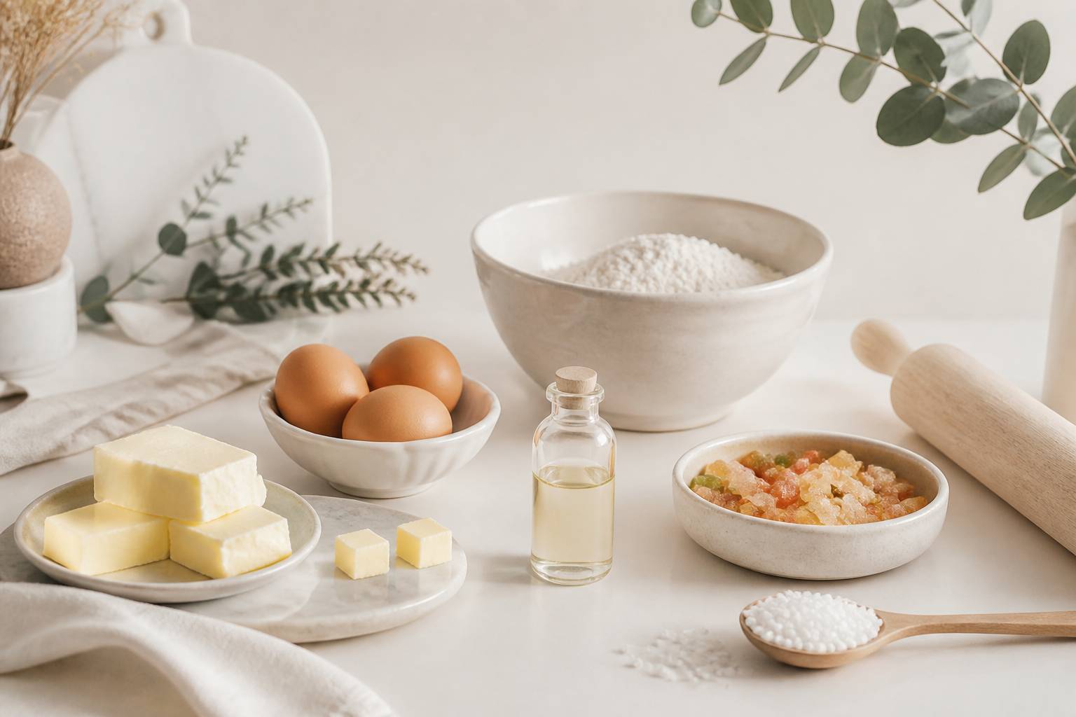 Ingrédients d'une brioche des rois : beurre, œufs, farine, fleur d'oranger, sucre perlé et fruits confits