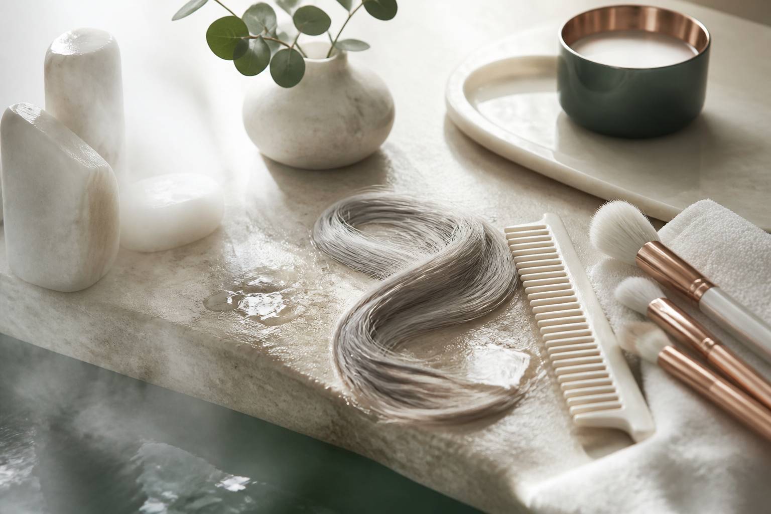 Mèches de cheveux gris argenté et blonds avec peigne et pinceaux