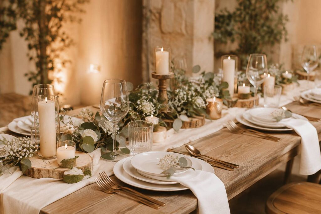 Table de fête élégante aux accents de bois clair, bougies crème et vaisselle ivoire pour des noces de bois