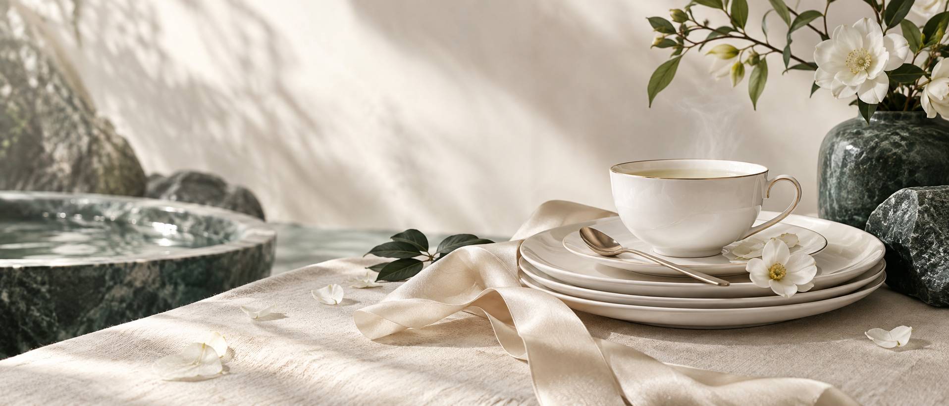 Assiettes et tasse en porcelaine nacrée avec pétales de fleurs blanches