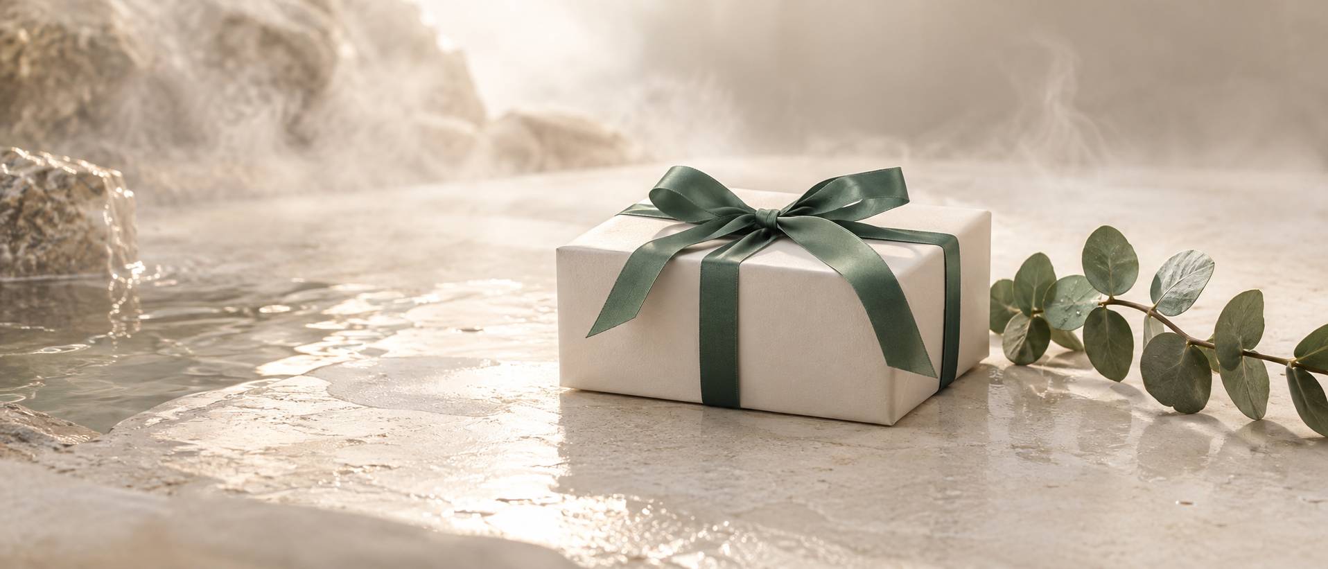 Boîte cadeau ivoire à ruban vert accompagnée d'une branche d'eucalyptus