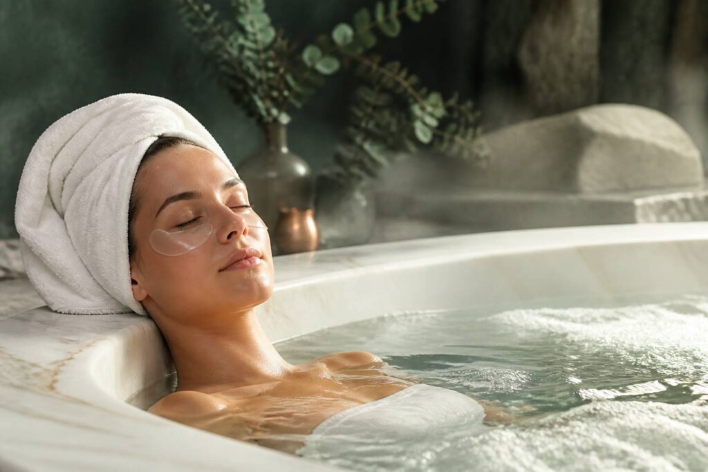 Femme allongée dans un spa avec des patchs hydrogel sous les yeux