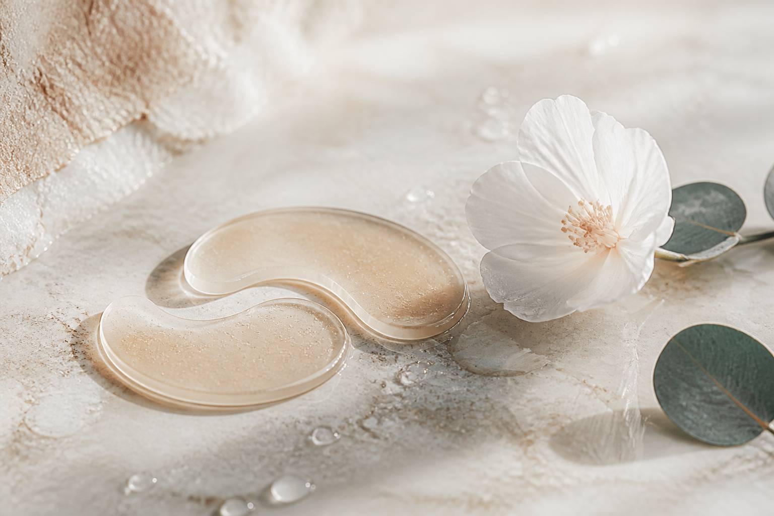 Patchs hydrogel translucides pour les yeux posés sur une pierre humide