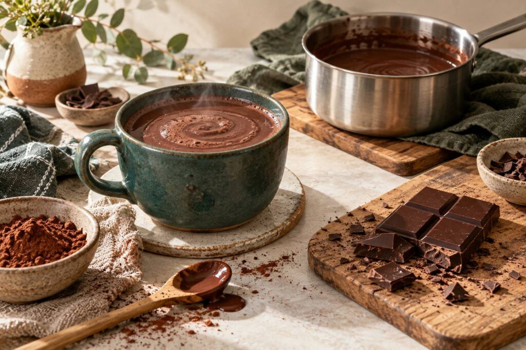 Tasse de chocolat chaud avec tablette de chocolat et cacao sur un plan de travail