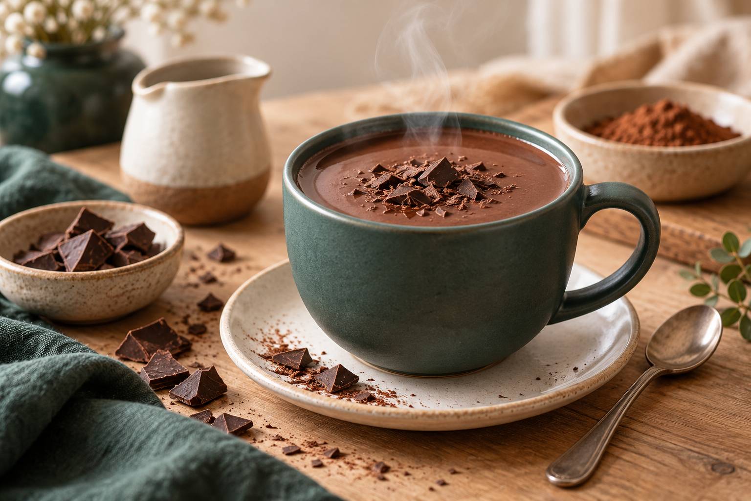Tasse de chocolat chaud fumant vue de pres avec copeaux de chocolat