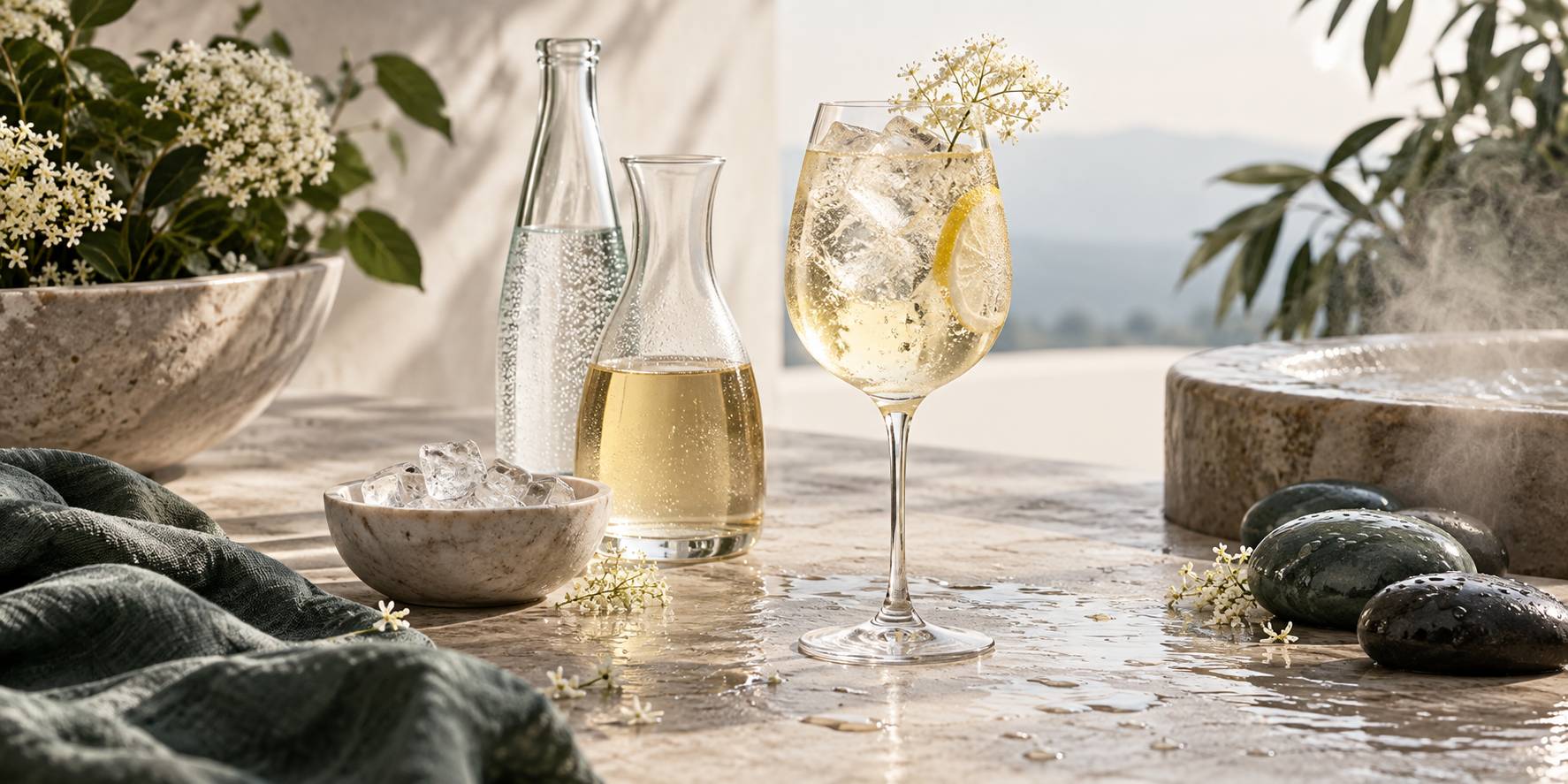 Illustration éditoriale du sujet : Saint-Germain Spritz : la réinvention rafraîchissante du cocktail classique pour un apéritif parfait
