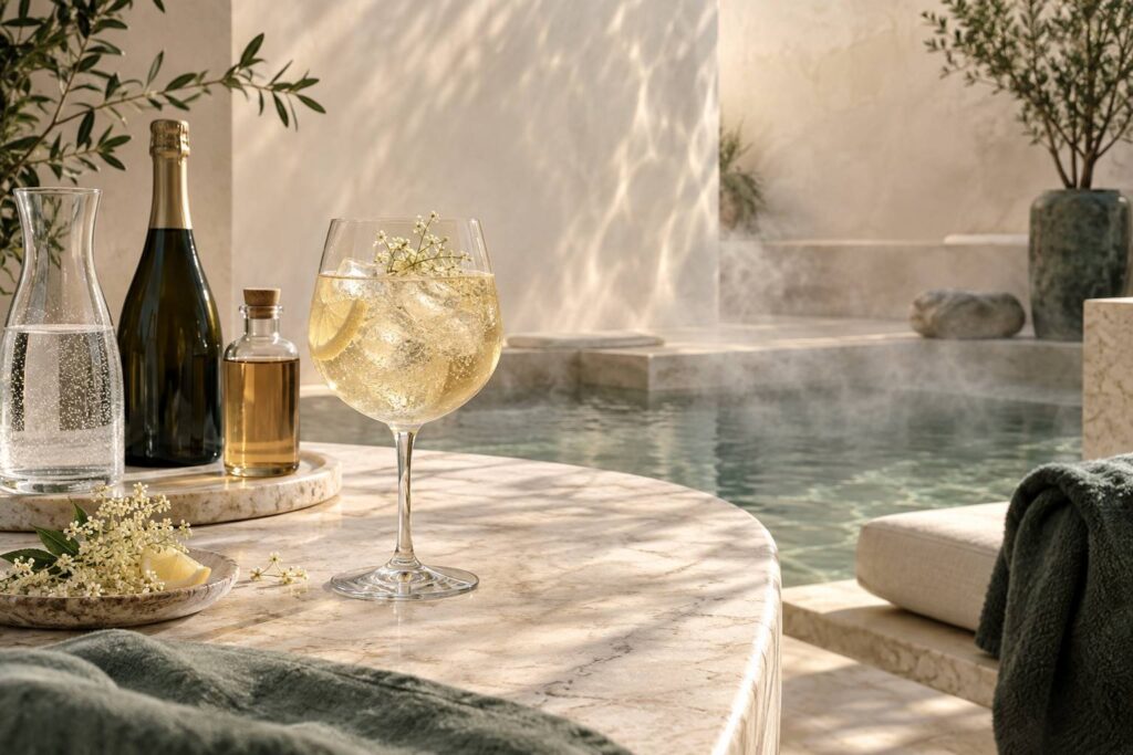 Illustration éditoriale du sujet : Saint-Germain Spritz : la réinvention rafraîchissante du cocktail classique pour un apéritif parfait