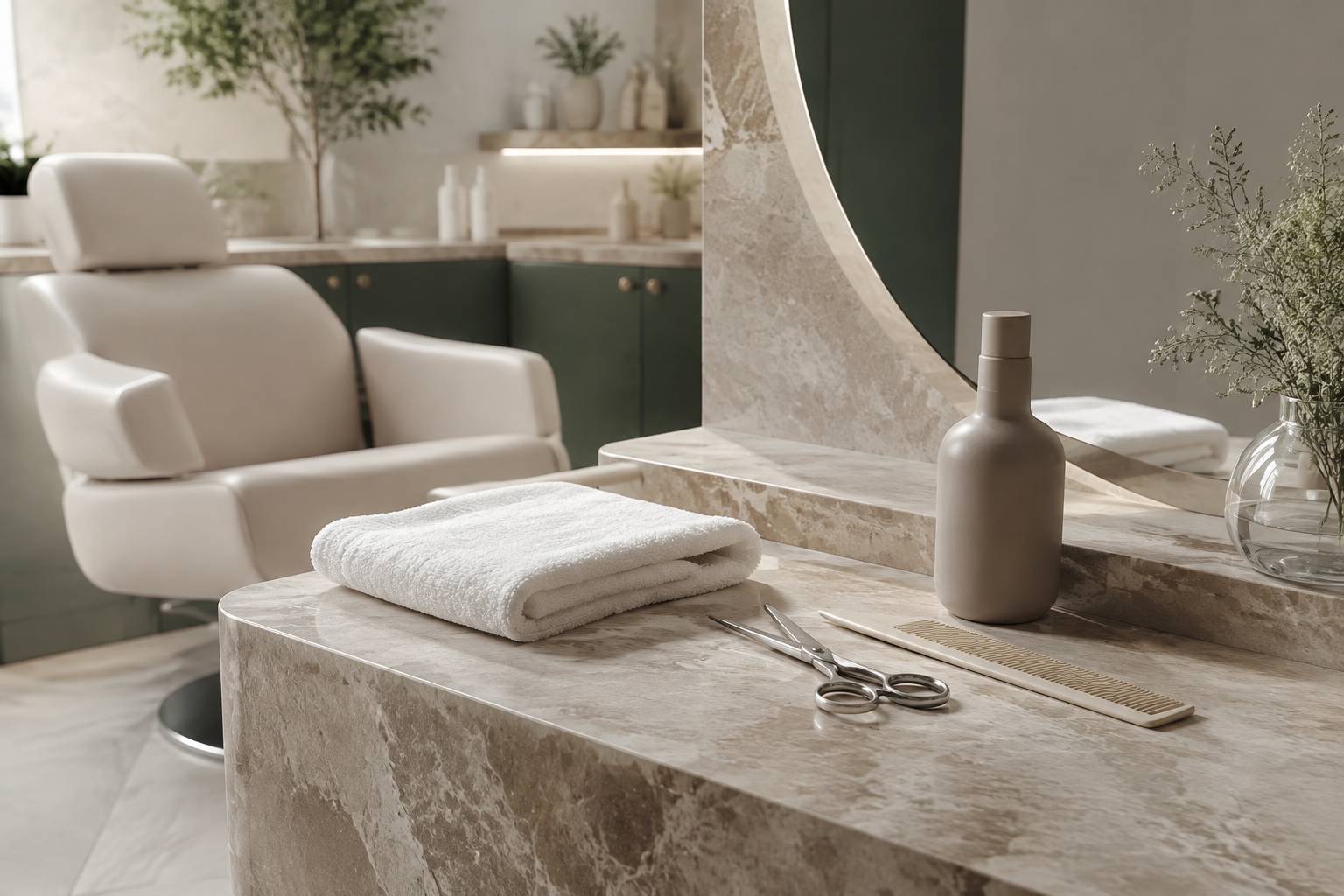 Comptoir de salon avec ciseaux, peigne et serviettes blanches
