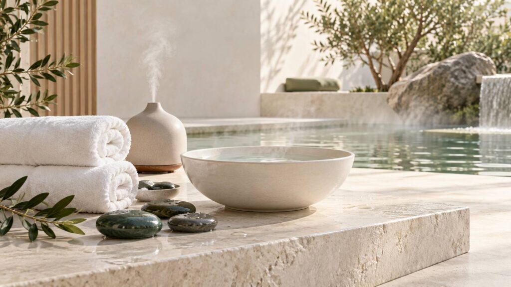 Serviettes roulées, pierres de massage et bol d'eau dans un spa