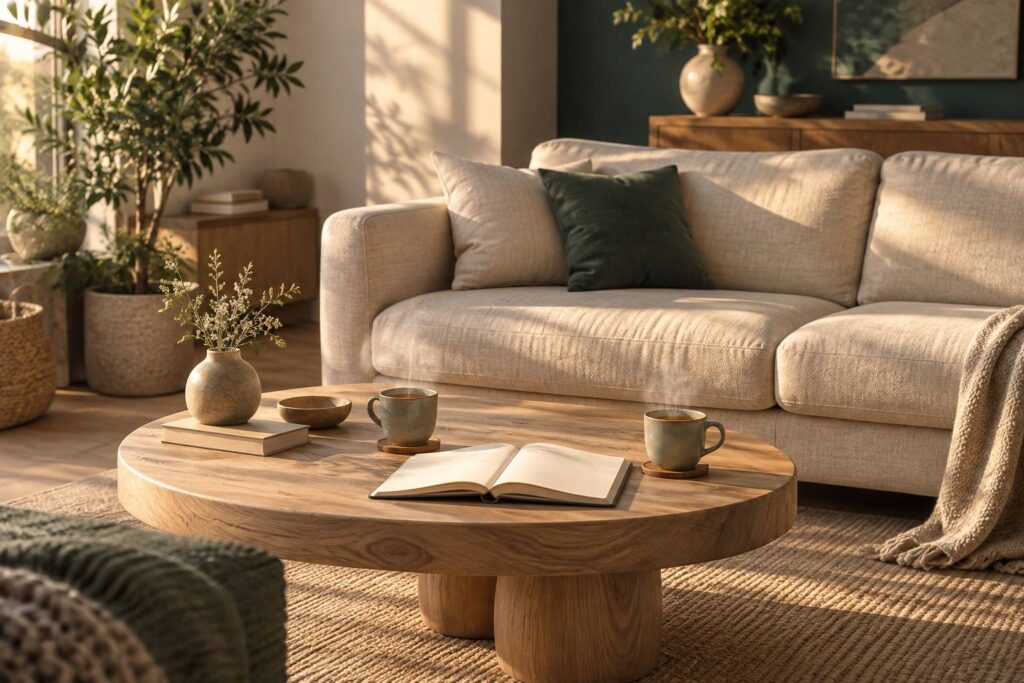 Salon clair avec canape beige et table basse portant deux tasses de the