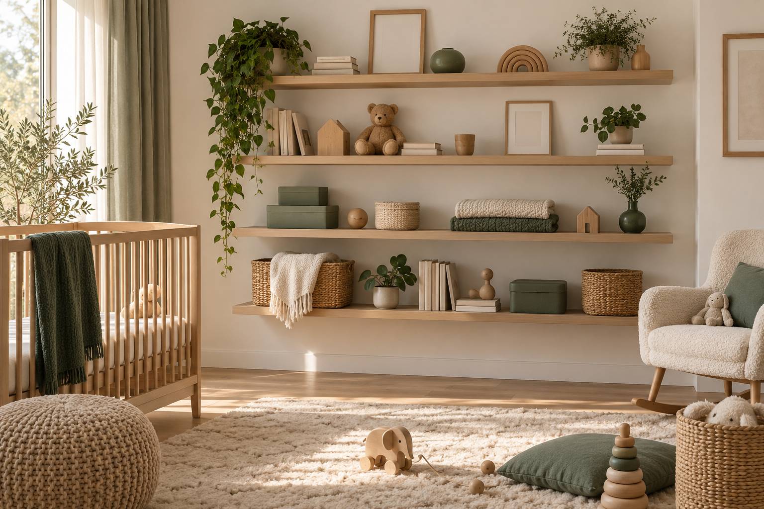 Etagere de chambre de bebe avec cadres vides, peluche et couverture pliee