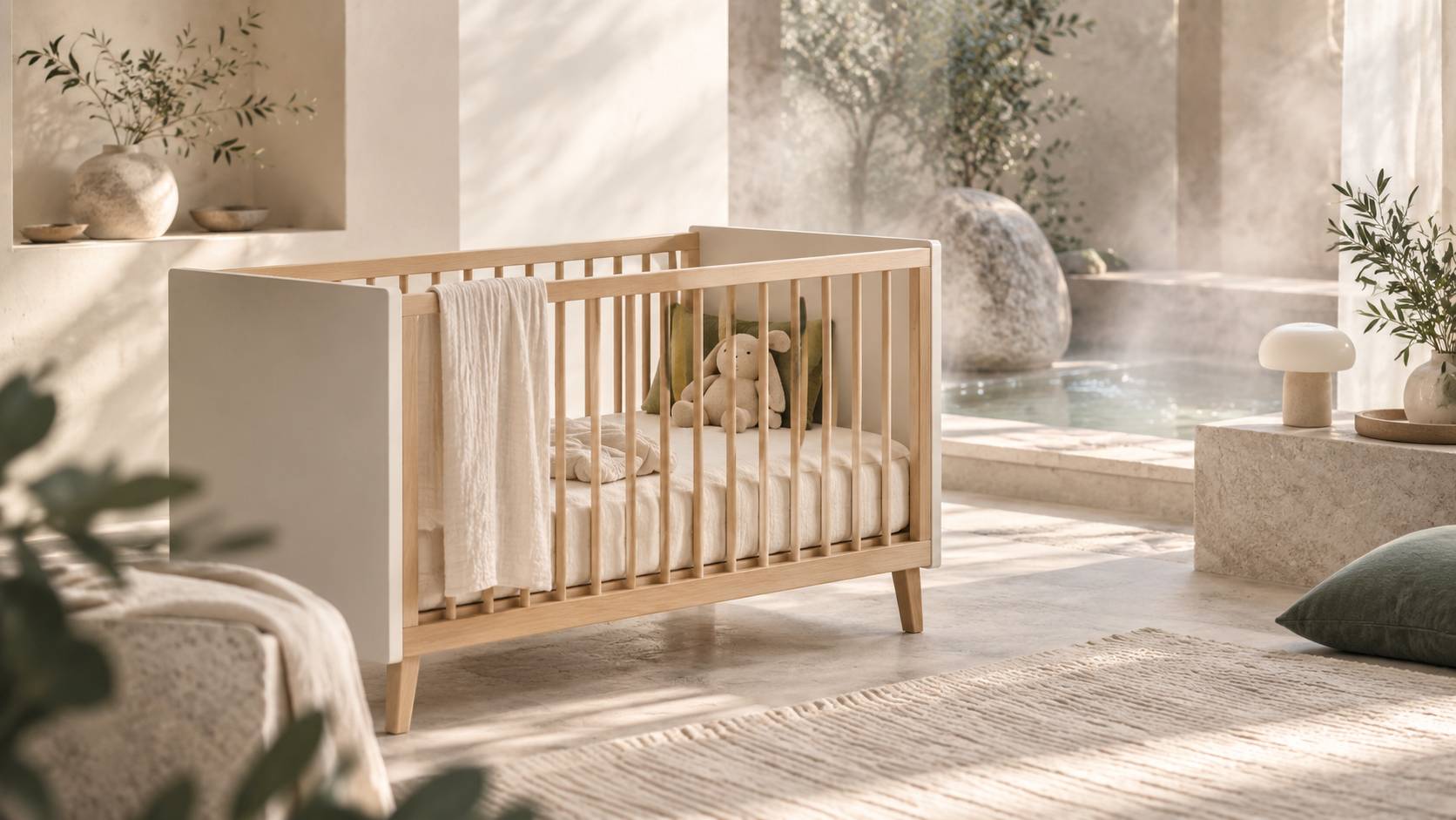 Lange de coton plié et petit doudou près d'un berceau