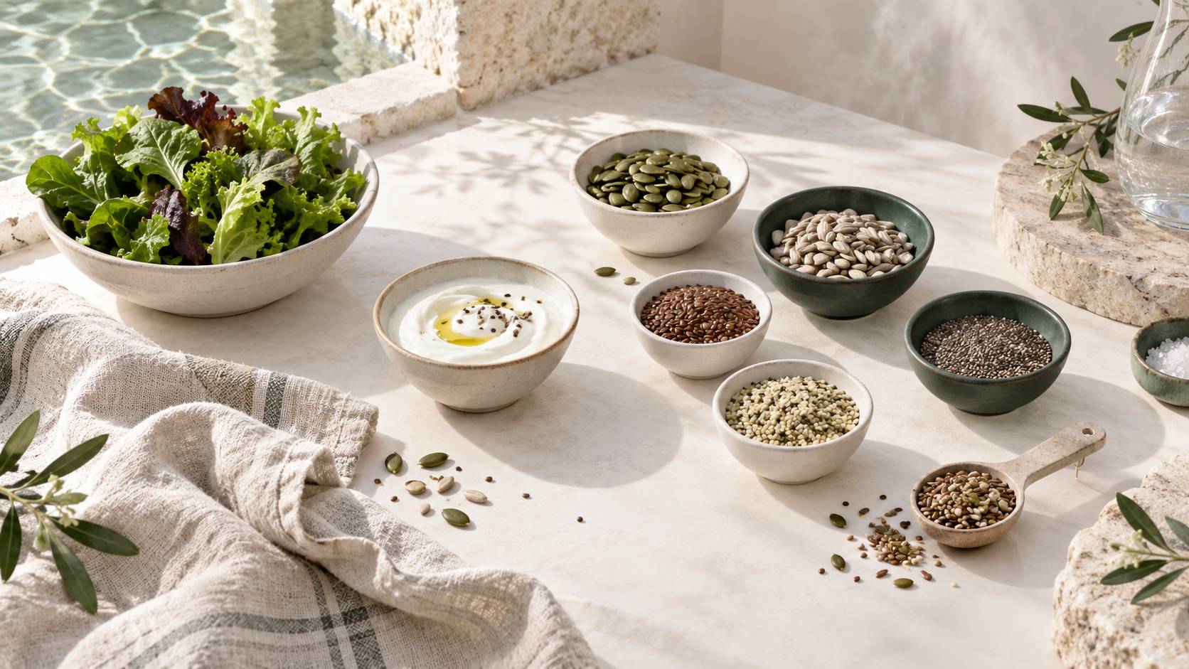 Assortiment de graines en coupelles avec cuillere doseuse et yaourt