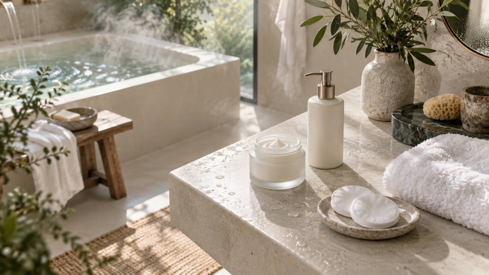 Creme et flacon de soin dans une salle de bain claire