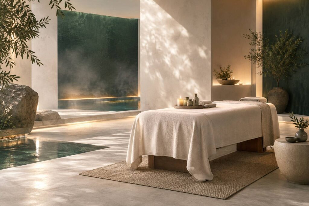 Table de massage recouverte d'un drap dans une piece de spa tamisee