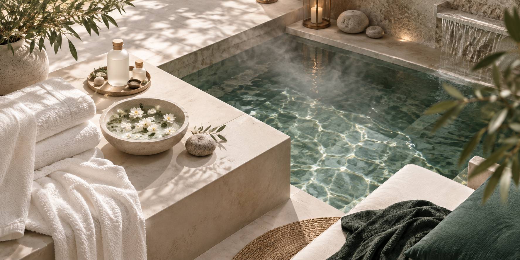 Coin de spa avec fleurs serviettes et flacons d'huile sans etiquette