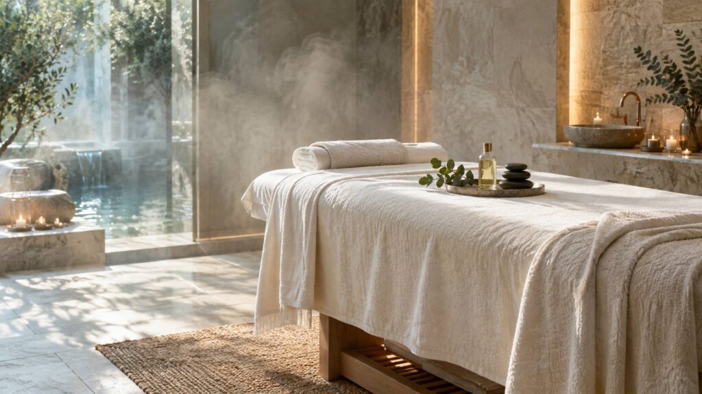 Cabine de spa apaisante avec table de massage, serviettes ivoire et huile