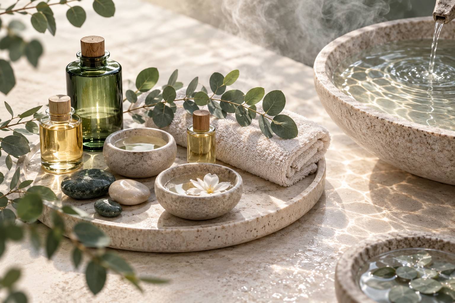 Plateau de spa avec flacons d'huile de massage, galets polis et eucalyptus