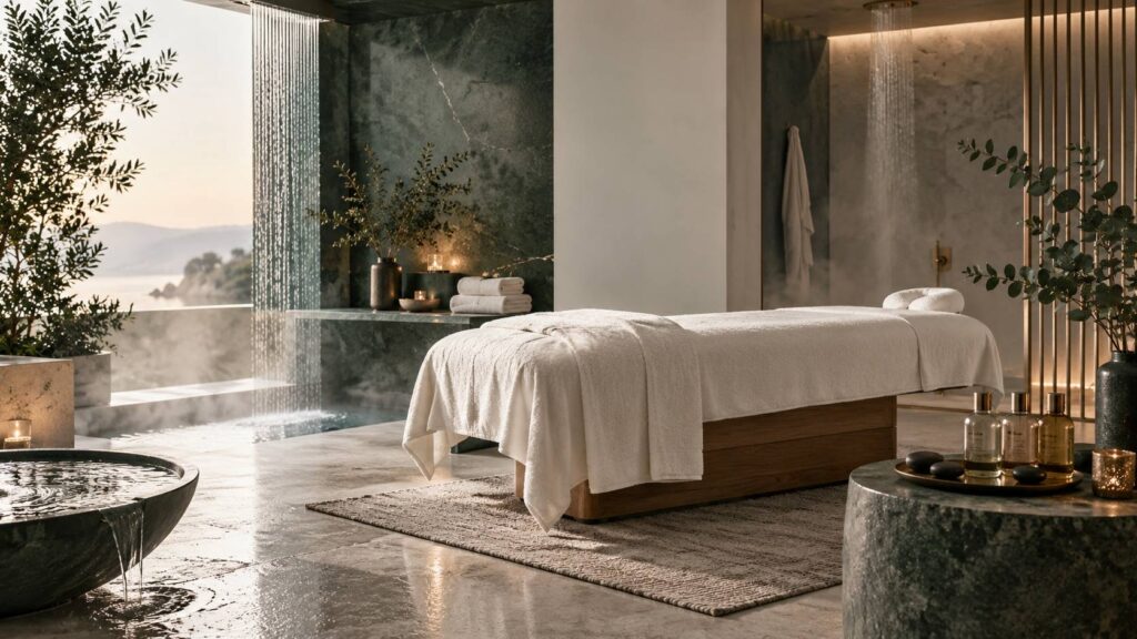 Table de massage garnie de serviettes et flacons d'huile dans une cabine de spa