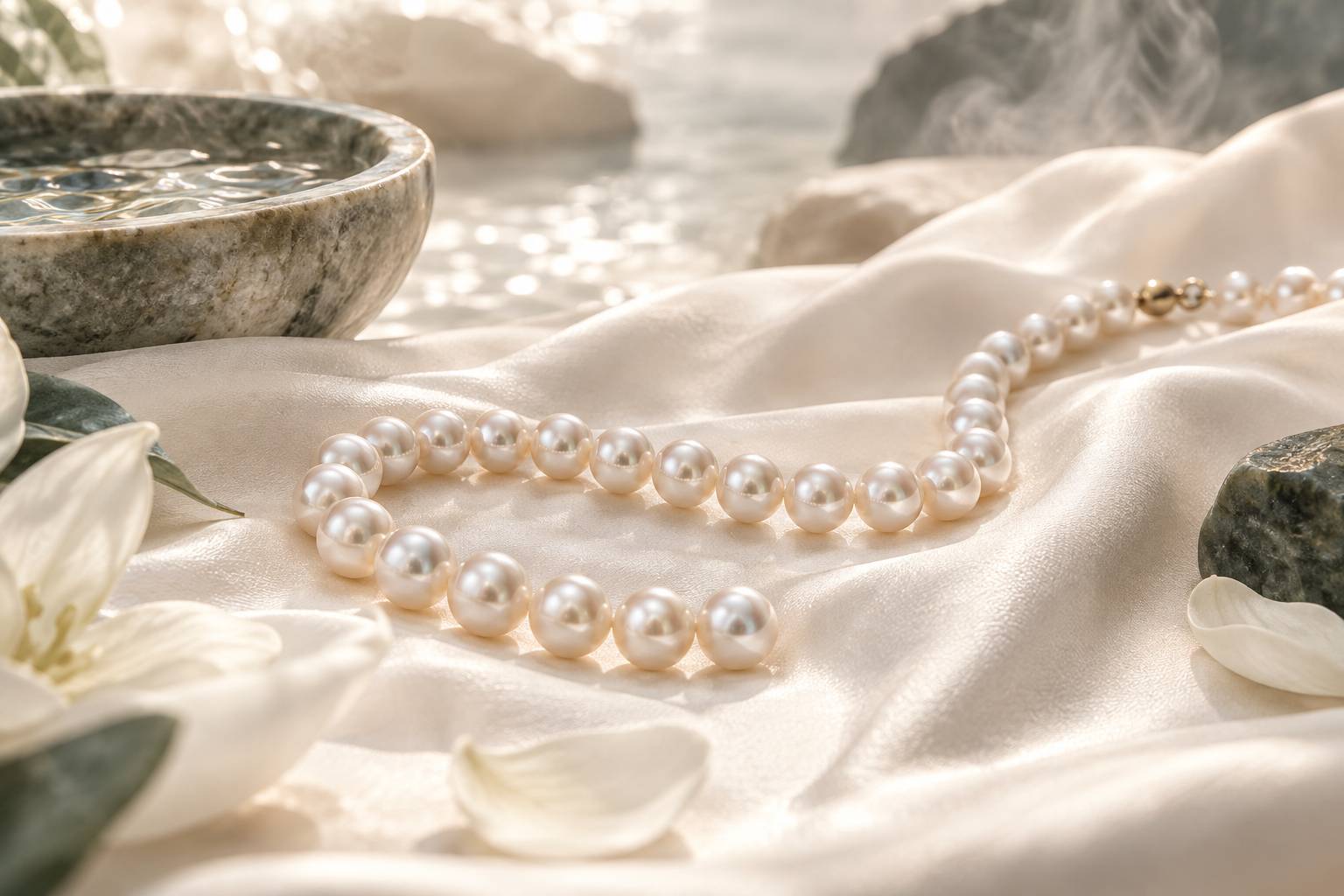 Collier de perles pose sur un drap de soie ivoire