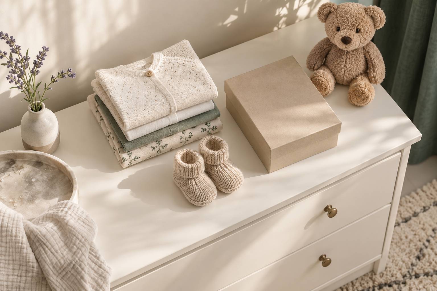 Layette pliée et chaussons en tricot sur une commode de chambre d'enfant